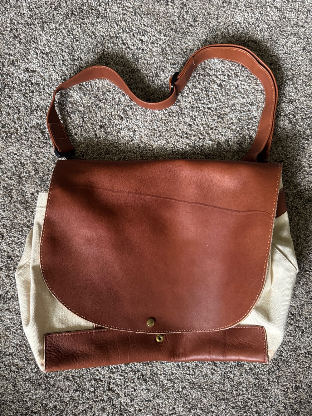 Brown Leather Flap Satchel with Cream Canvas Body